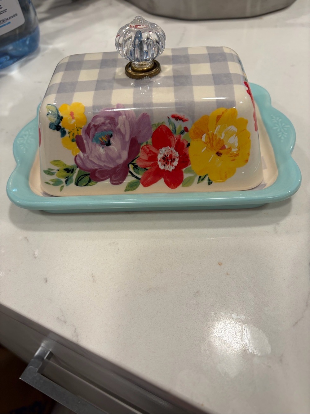 Floral Ceramic Butter Dish with Aqua Base and Glass Knob